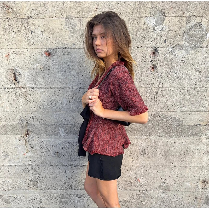 Women's Vintage Fringed V-Neck Blouse – Short Sleeve Lace-Up Ruffle Top | Chic Summer Fashion Shirt 2026