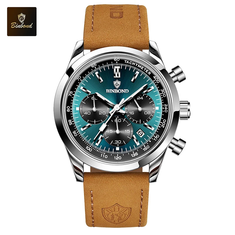 BINBOND Fashion New Quartz Men's Watch Leather Watchband Luminous Waterproof Timer Sports Business Man Watches Relogio Masculino