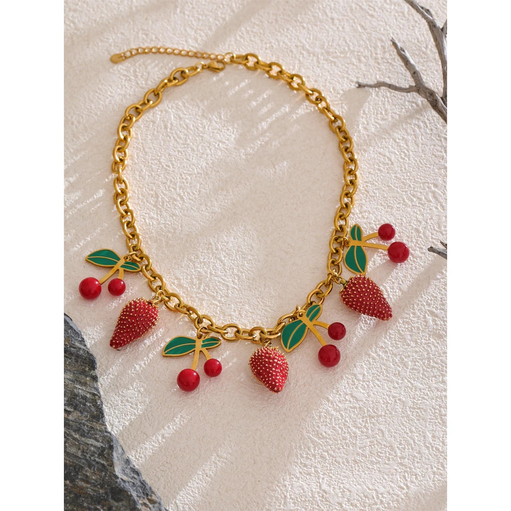 Yhpup 2025 Red Enamel Acrylic Cherry Strawberry Drop Necklace for Women Stainless Steel Fruit Handmade Fashion Collar Jewellery