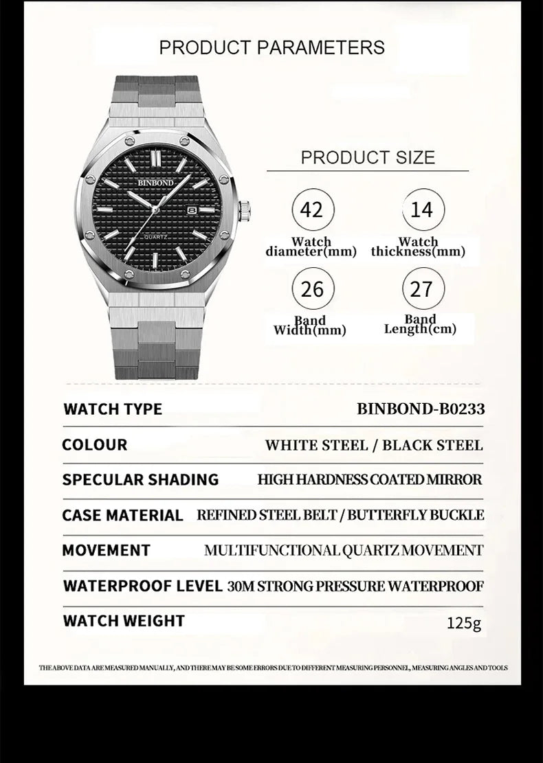 BINBOND B0233 Fashion Casual Men Watches Big Dial blackStainless Steel Calendar Quartz Wristwatch Classic Top Brand Male Clock