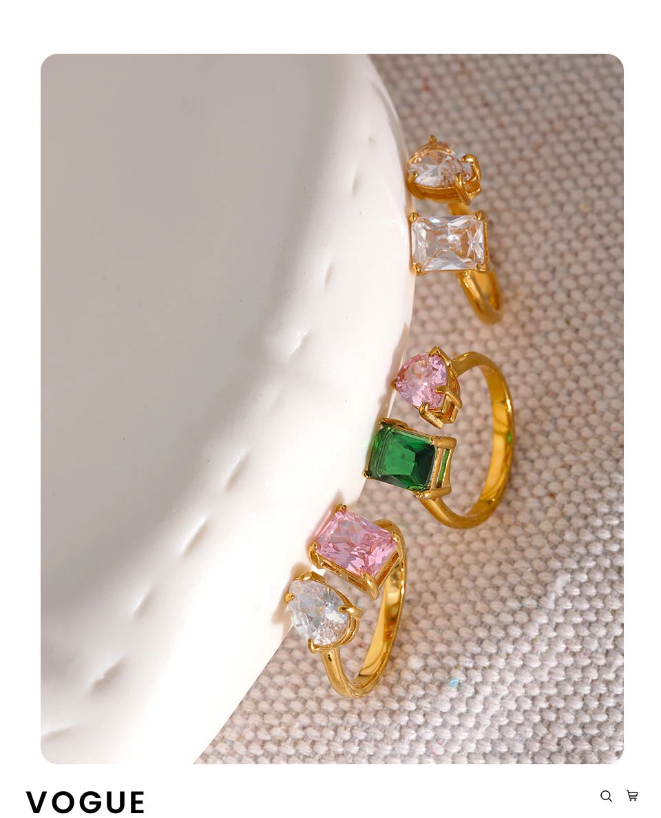 Yhpup Waterproof Fashion Stainless Steel Pink Green Cubic Zirconia Adjustable Open Ring Gold Color Unique Bling Charm Jewelry