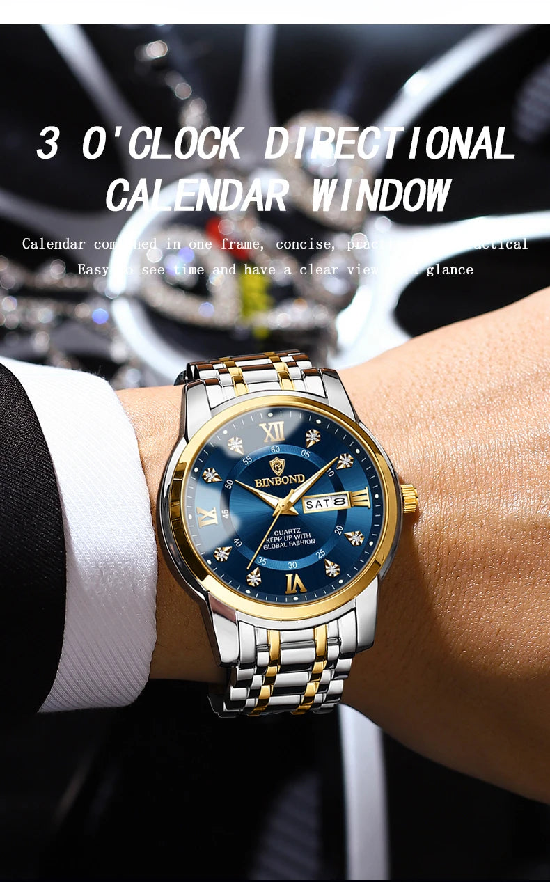 BINBOND 7169 Men's Watches Trend Fashion Star Ring Dial Original Quartz Watch for Man Waterproof Stainless Steel Luminous