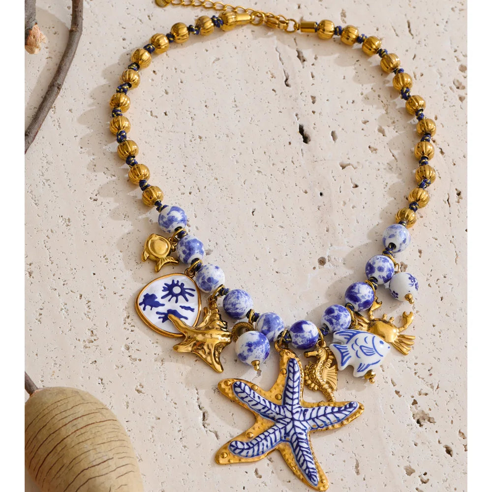 Yhpup Ocean Series Ceramic Beads Chain Fish Starfish Drop Charm Statement Necklace Exclusive Style Handmade Collar Jewelry