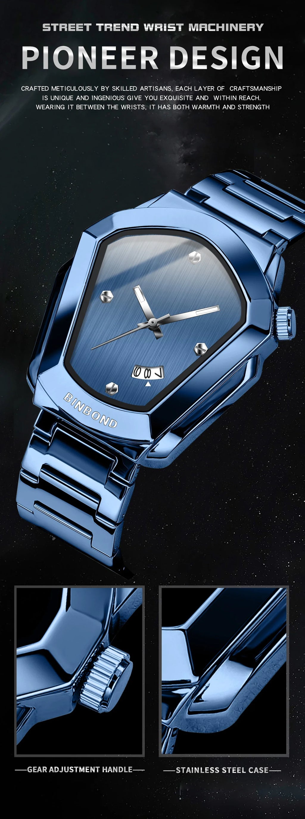 BINBOND Luxury Mens Watches Stainless Steel Strap New Concept Quartz Calendar Business Sports WristWatch Fashion Watches For Men