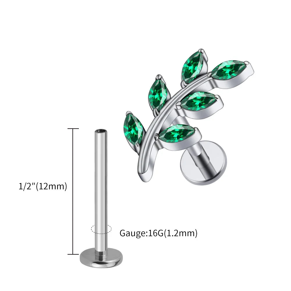 Right Grand ASTM F136 Titanium 16G Marquise CZ Leaves Stud Earring Leaf Shaped Helix Cartilage Conch Flat Back Piercing Jewelry