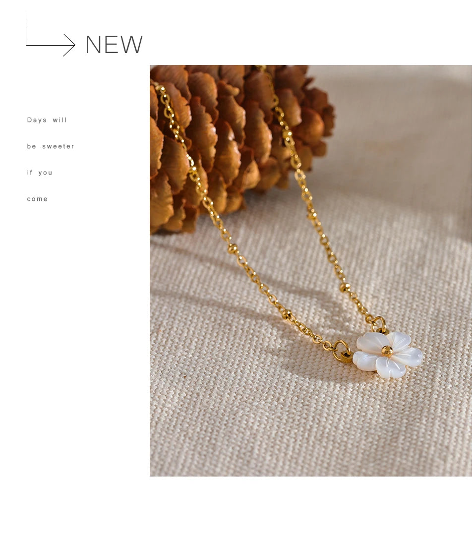 Yhpup Chic Fashion Natural Shell Flower Pendant Necklace Gift Stainless Steel Exquisite Chain Gold Color Premium Jewelry Bijoux