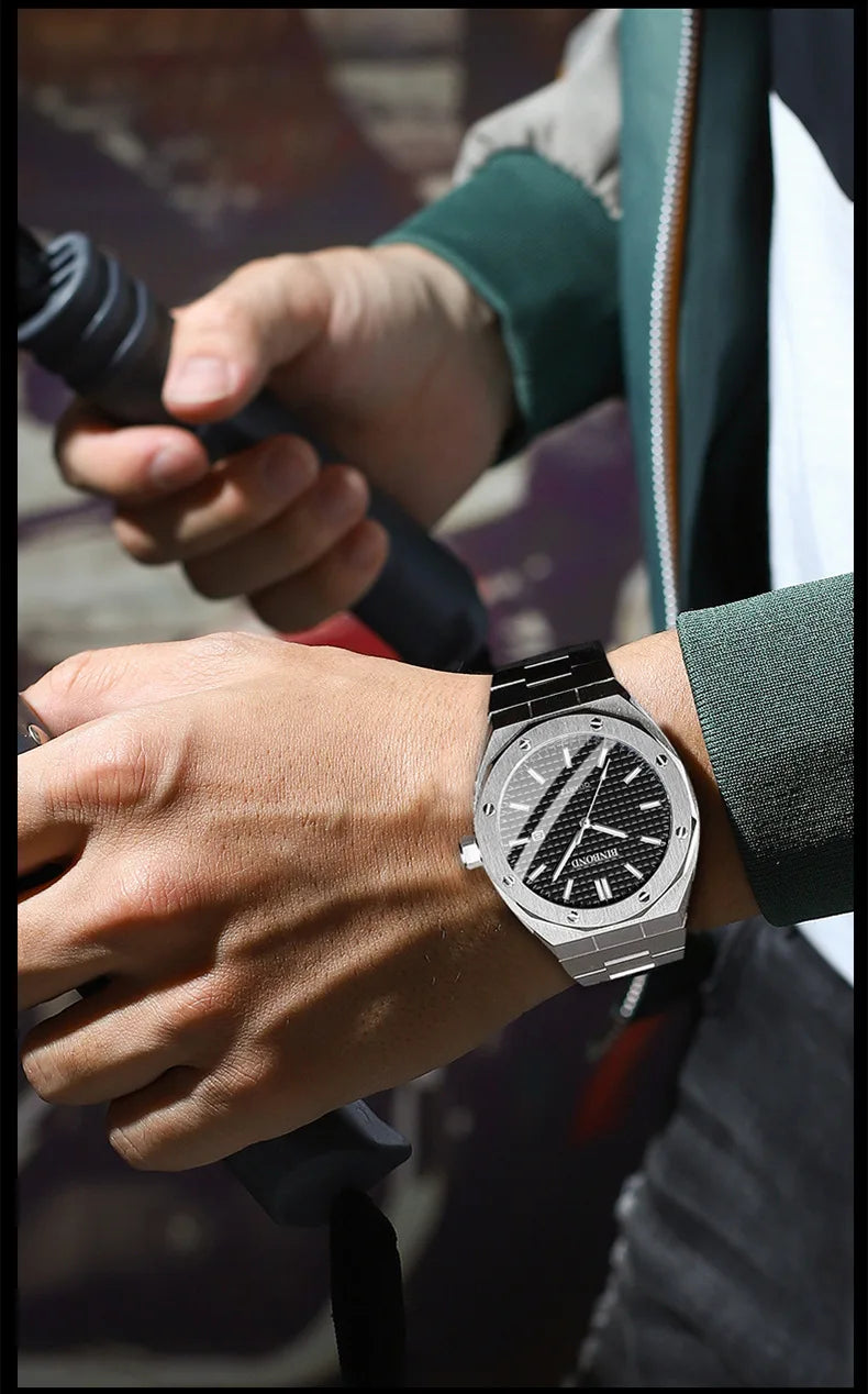 BINBOND B0233 Fashion Casual Men Watches Big Dial blackStainless Steel Calendar Quartz Wristwatch Classic Top Brand Male Clock
