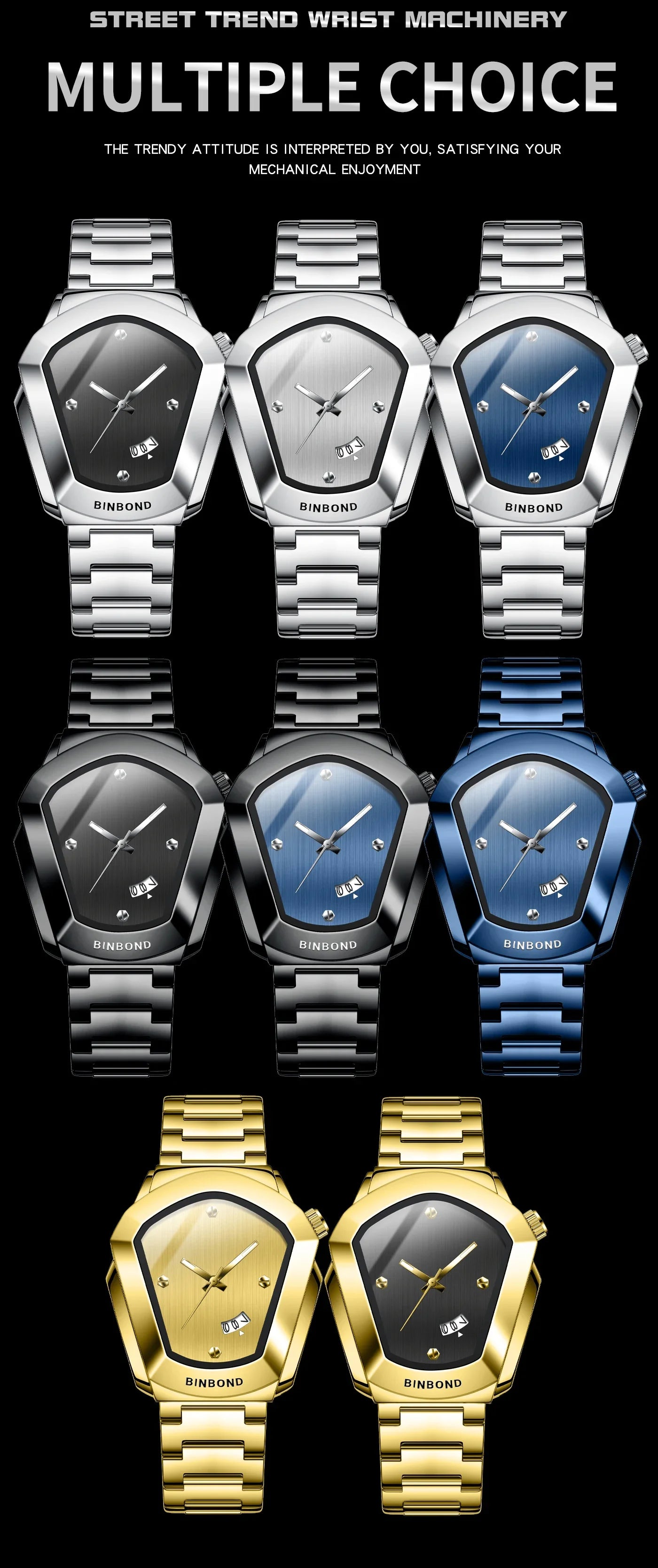 BINBOND Luxury Mens Watches Stainless Steel Strap New Concept Quartz Calendar Business Sports WristWatch Fashion Watches For Men