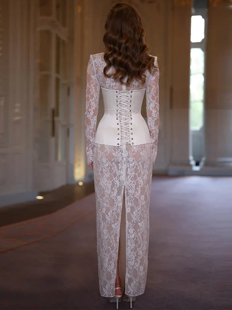 Women's Lace Sleeves Corset Mini Dress Deep V-Neck Sheer Romantic Evening Dress Elegant Party Wear Female Clothing Summer Suit