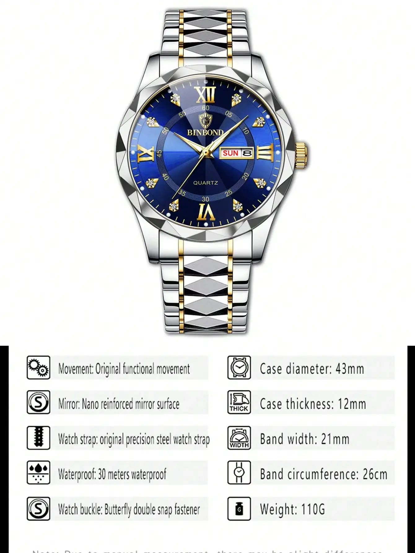 2pcs/Set BINBOND Couple Quartz Watches 30M Waterproof Fashion Diamond Valentine Day Gift Stainless Steel Watch Men Women Watch
