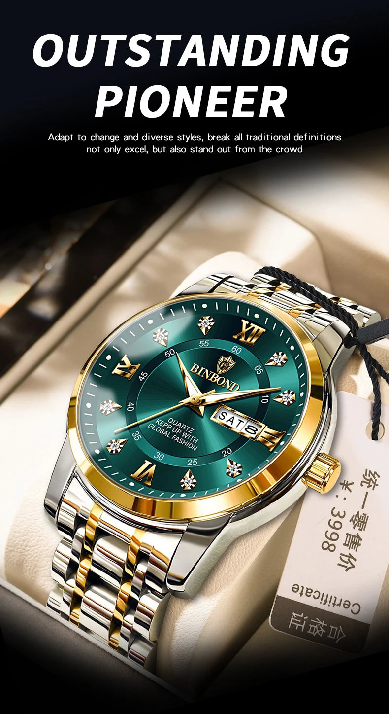 BINBOND 7169 Men's Watches Trend Fashion Star Ring Dial Original Quartz Watch for Man Waterproof Stainless Steel Luminous