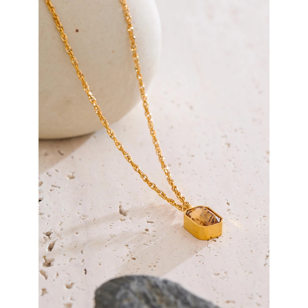 Yhpup AAA Shiny Champagne Zirconia Pendant Necklace Hot Style Stainless Steel Chain Collar Luxury Jewelry Wholesale