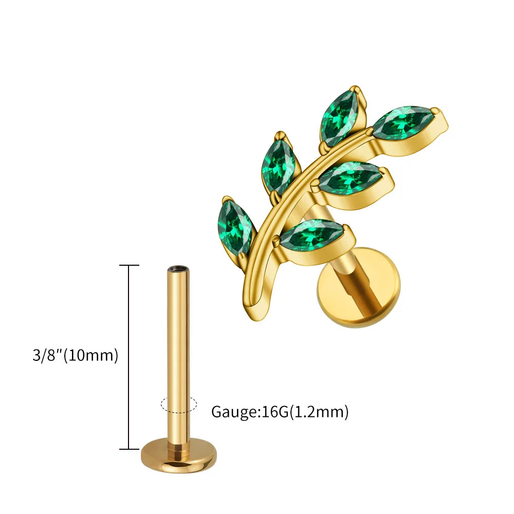 Right Grand ASTM F136 Titanium 16G Marquise CZ Leaves Stud Earring Leaf Shaped Helix Cartilage Conch Flat Back Piercing Jewelry