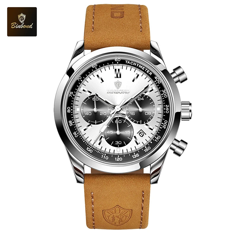 BINBOND Fashion New Quartz Men's Watch Leather Watchband Luminous Waterproof Timer Sports Business Man Watches Relogio Masculino