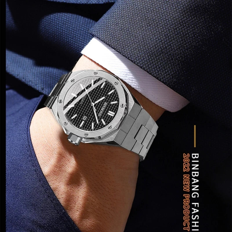 BINBOND B0233 Fashion Casual Men Watches Big Dial blackStainless Steel Calendar Quartz Wristwatch Classic Top Brand Male Clock
