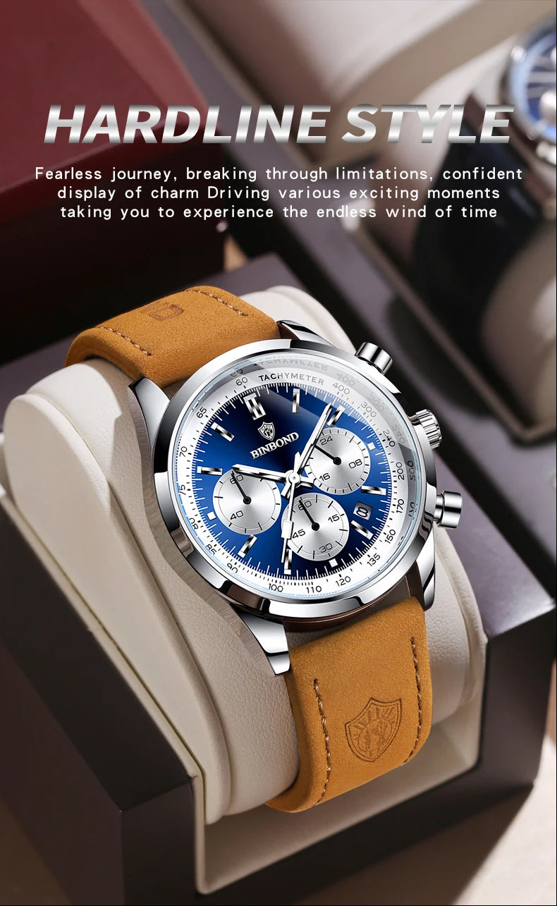 BINBOND Fashion New Quartz Men's Watch Leather Watchband Luminous Waterproof Timer Sports Business Man Watches Relogio Masculino