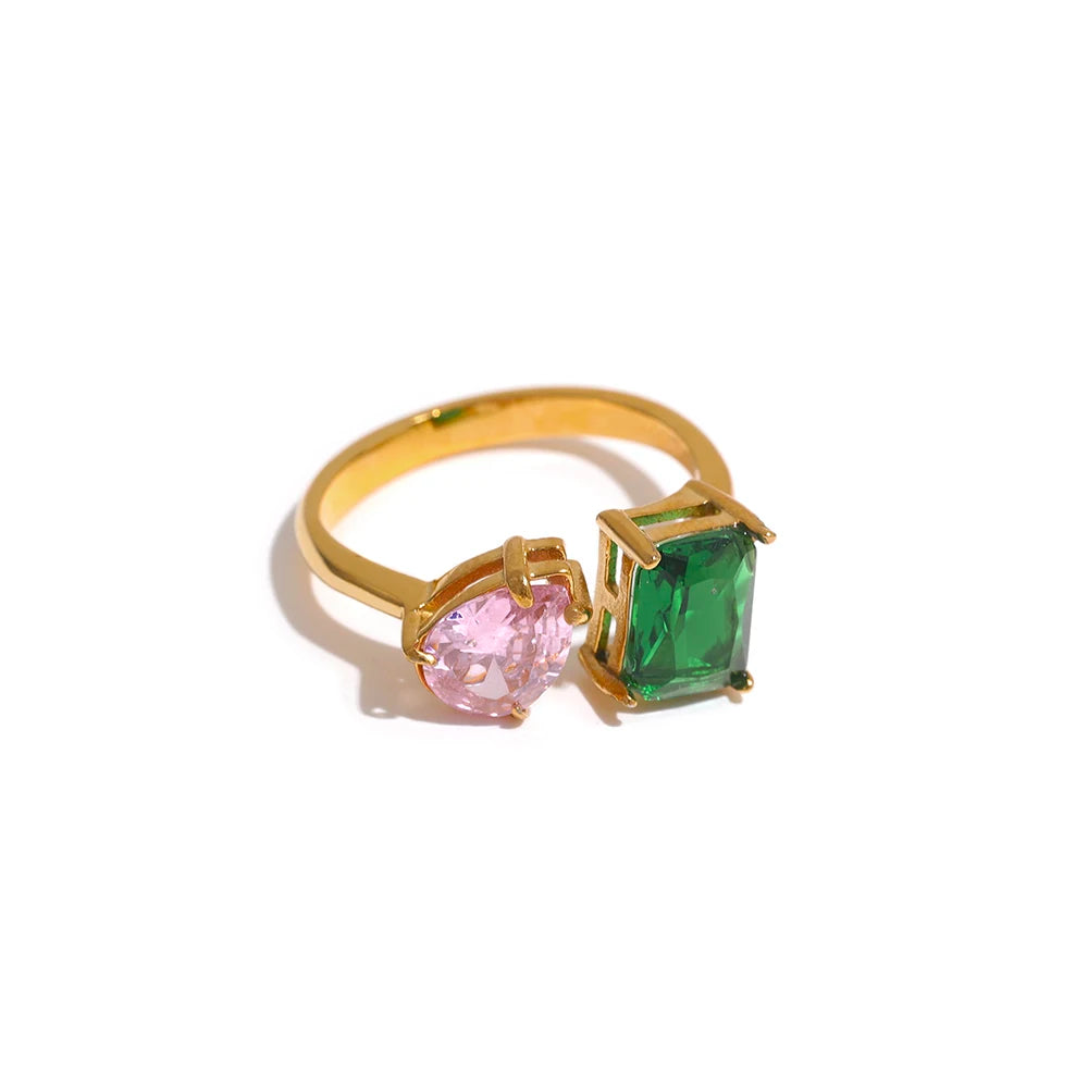 Yhpup Waterproof Fashion Stainless Steel Pink Green Cubic Zirconia Adjustable Open Ring Gold Color Unique Bling Charm Jewelry