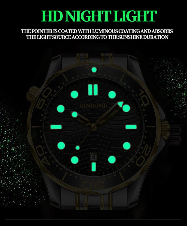 BINBOND Brand New Fashion Ultra-thin Sea Horse Series Men Business Quartz  Watches Waterproof Luminous Sports Casual Men's Watch