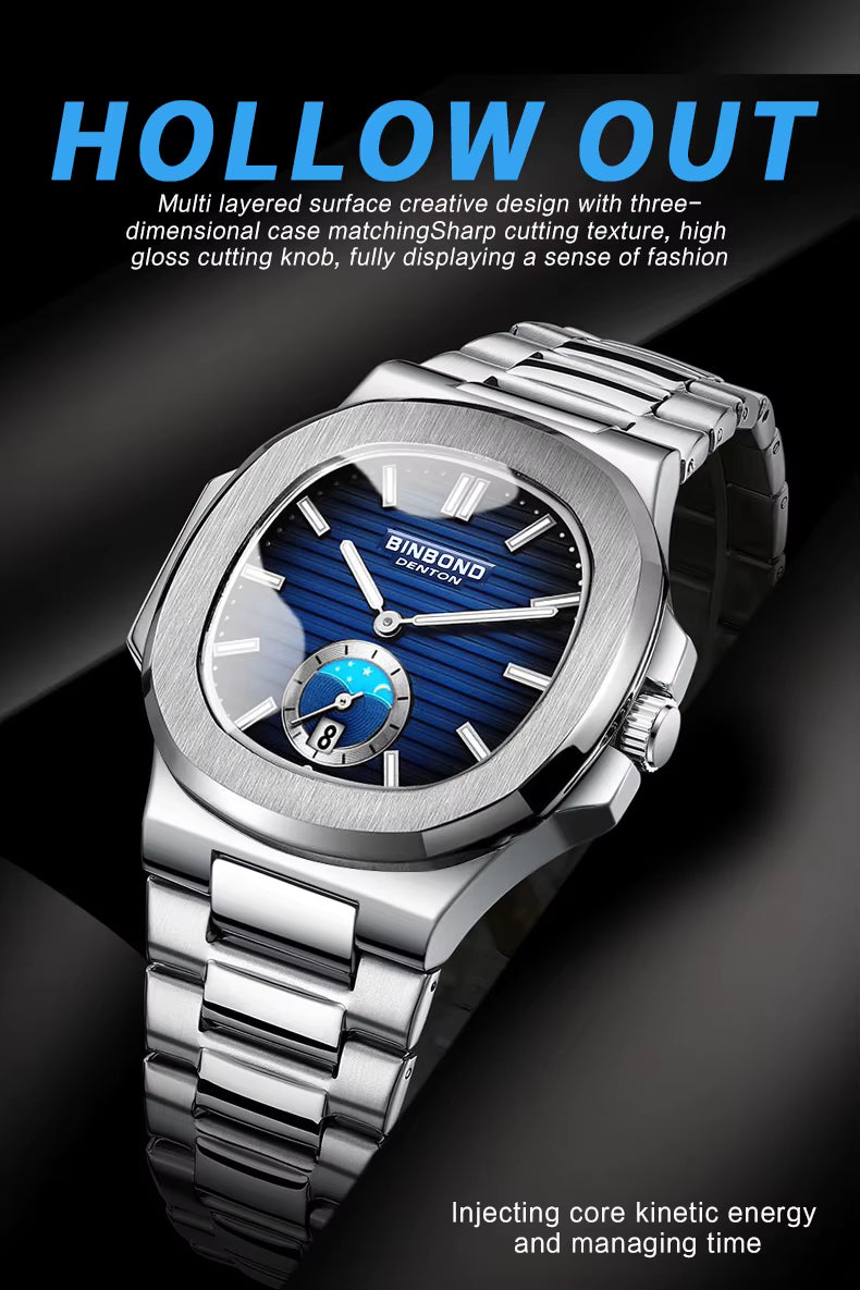 BINBOND Men's Business Quartz Watch – Stainless Steel Waterproof Wristwatch