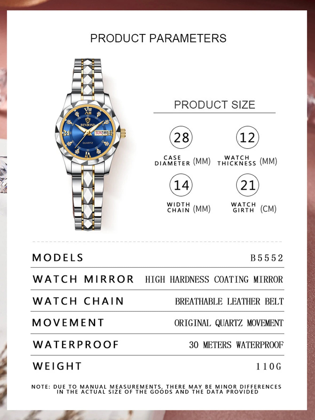 2pcs/Set BINBOND Couple Quartz Watches 30M Waterproof Fashion Diamond Valentine Day Gift Stainless Steel Watch Men Women Watch