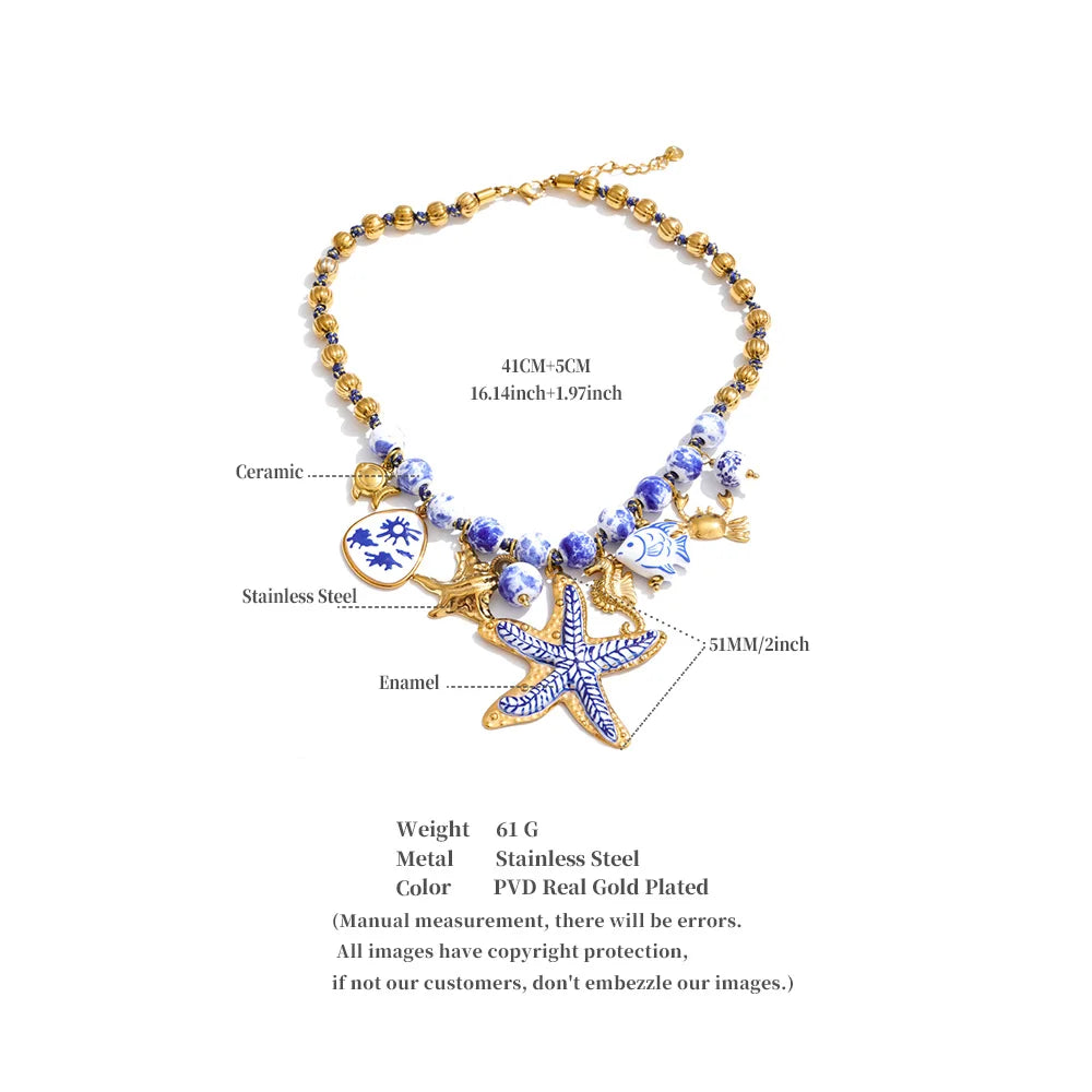 Yhpup Ocean Series Ceramic Beads Chain Fish Starfish Drop Charm Statement Necklace Exclusive Style Handmade Collar Jewelry