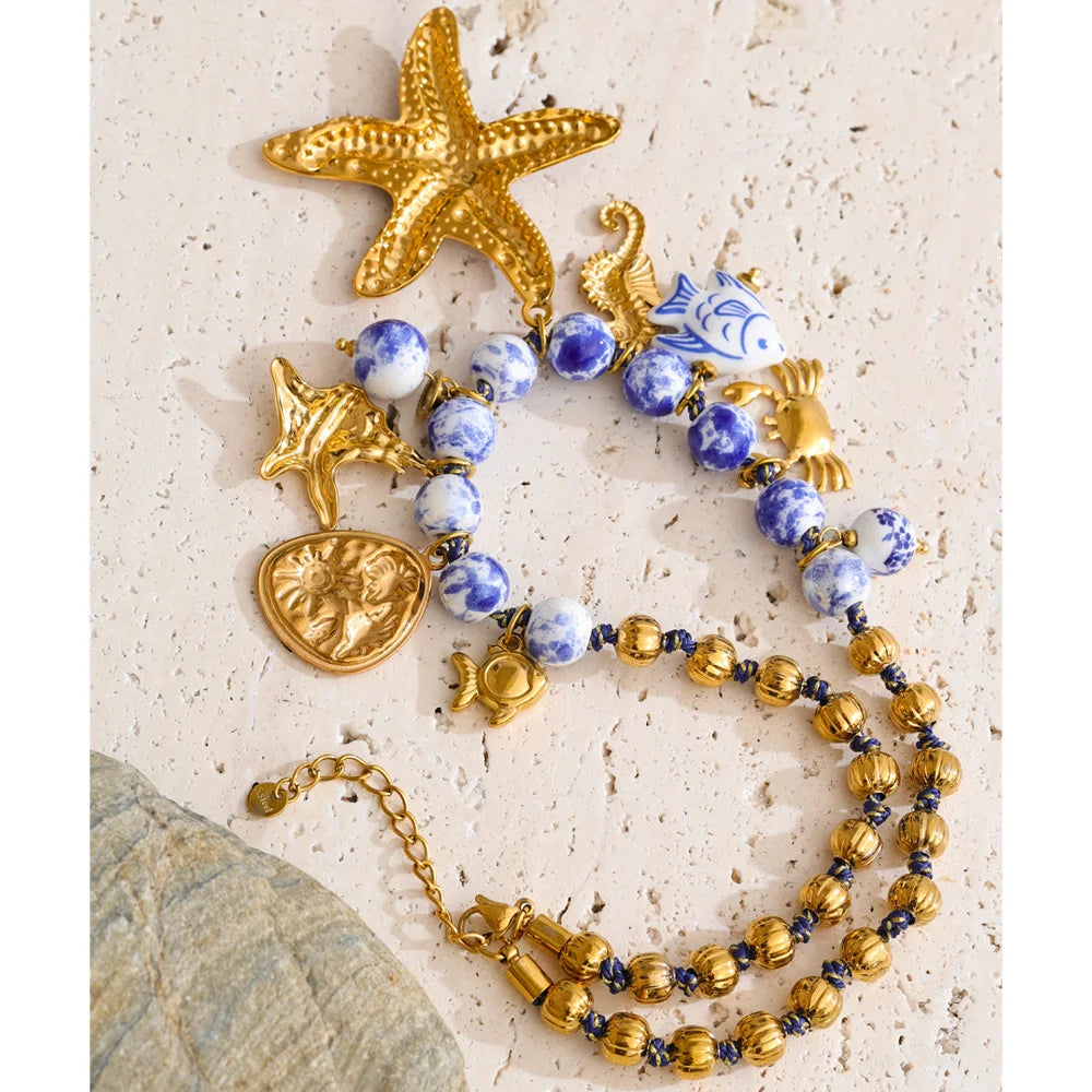 Yhpup Ocean Series Ceramic Beads Chain Fish Starfish Drop Charm Statement Necklace Exclusive Style Handmade Collar Jewelry