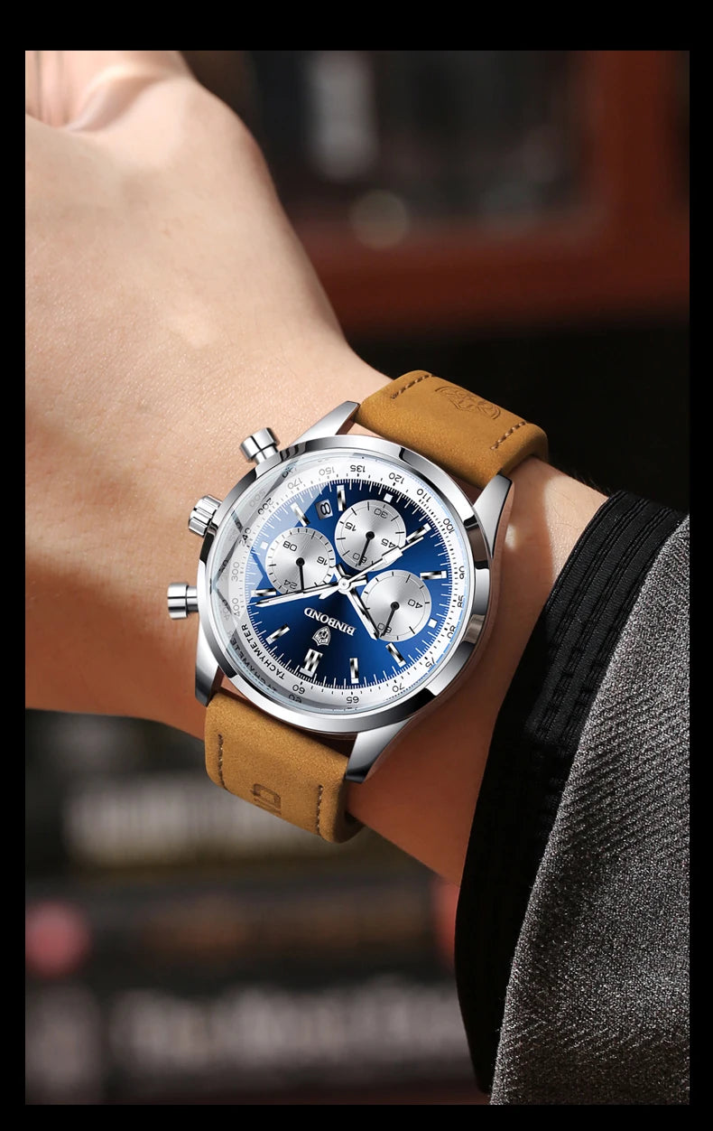 BINBOND Fashion New Quartz Men's Watch Leather Watchband Luminous Waterproof Timer Sports Business Man Watches Relogio Masculino