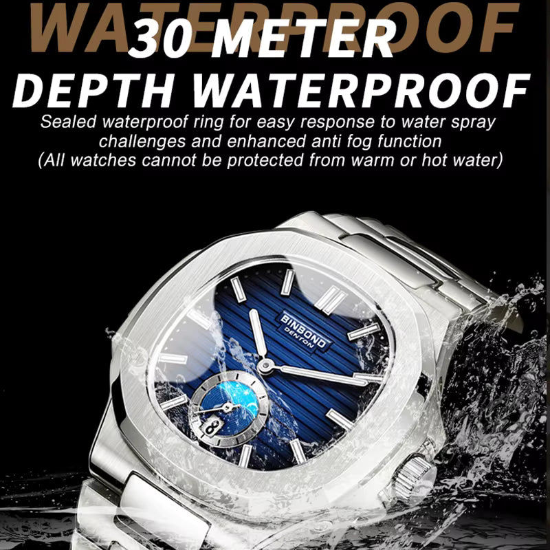BINBOND Men's Business Quartz Watch – Stainless Steel Waterproof Wristwatch