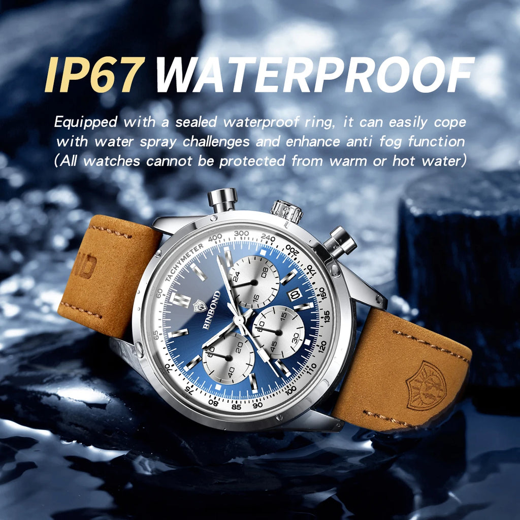 BINBOND Fashion New Quartz Men's Watch Leather Watchband Luminous Waterproof Timer Sports Business Man Watches Relogio Masculino