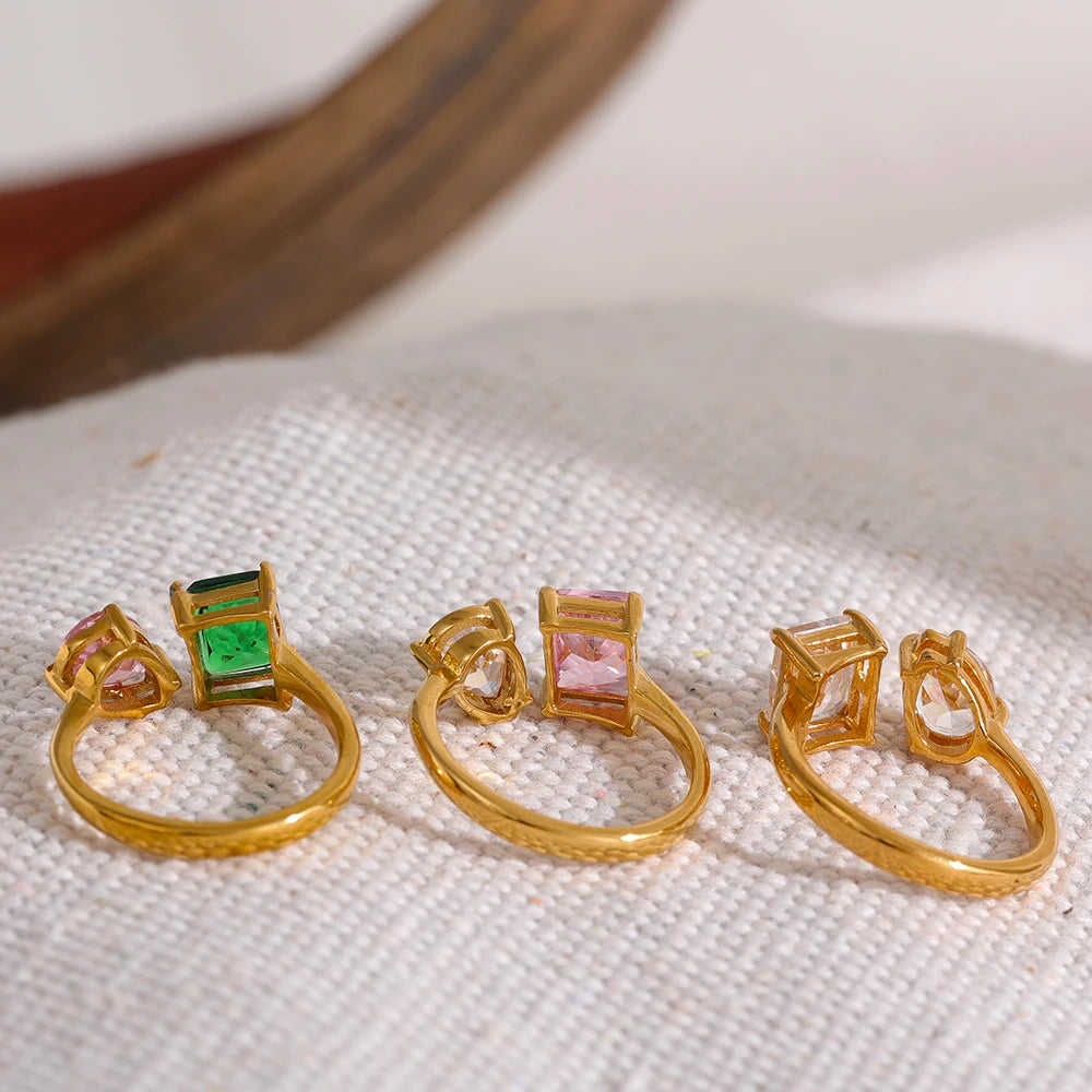 Yhpup Waterproof Fashion Stainless Steel Pink Green Cubic Zirconia Adjustable Open Ring Gold Color Unique Bling Charm Jewelry