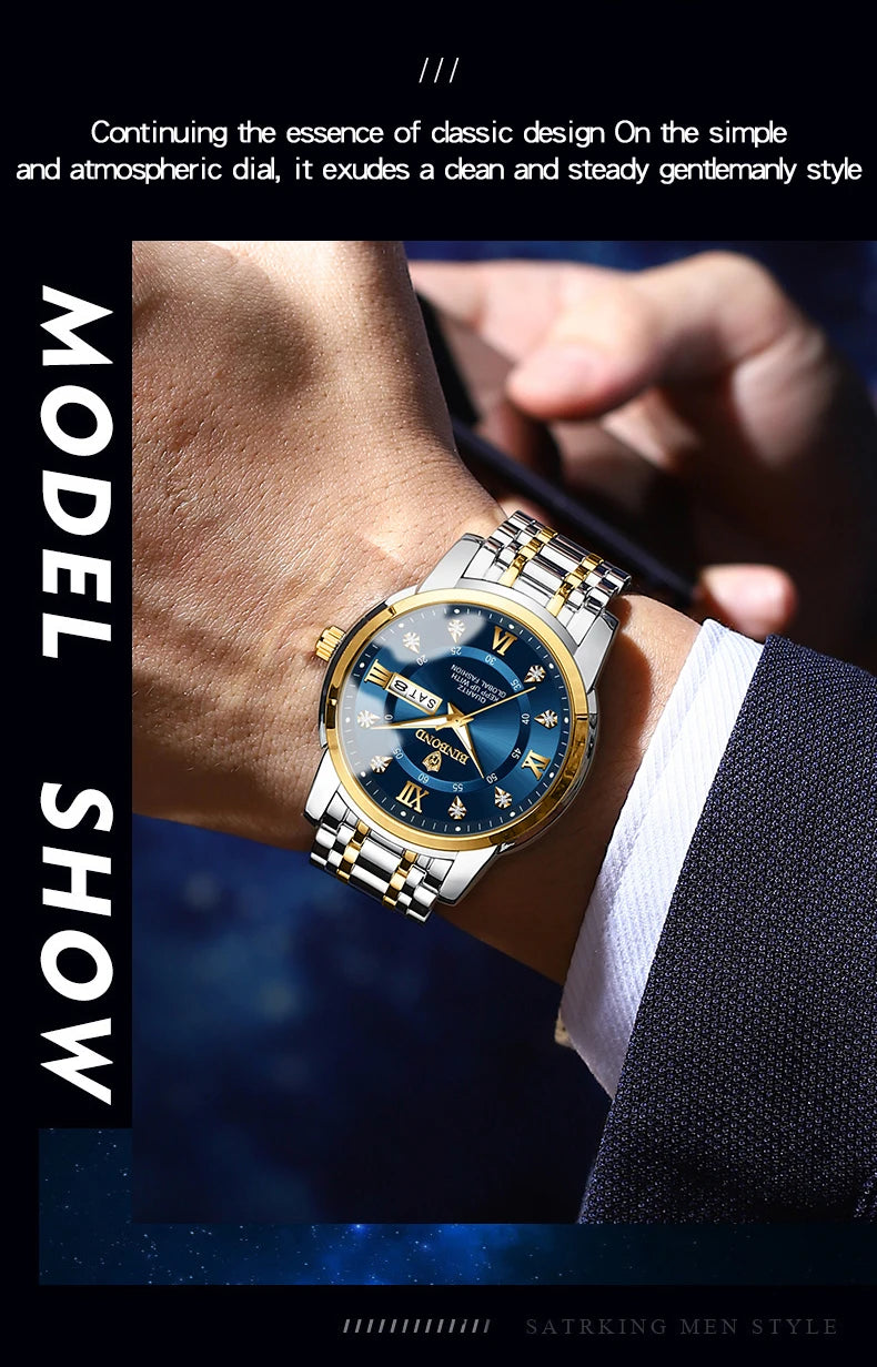 BINBOND 7169 Men's Watches Trend Fashion Star Ring Dial Original Quartz Watch for Man Waterproof Stainless Steel Luminous