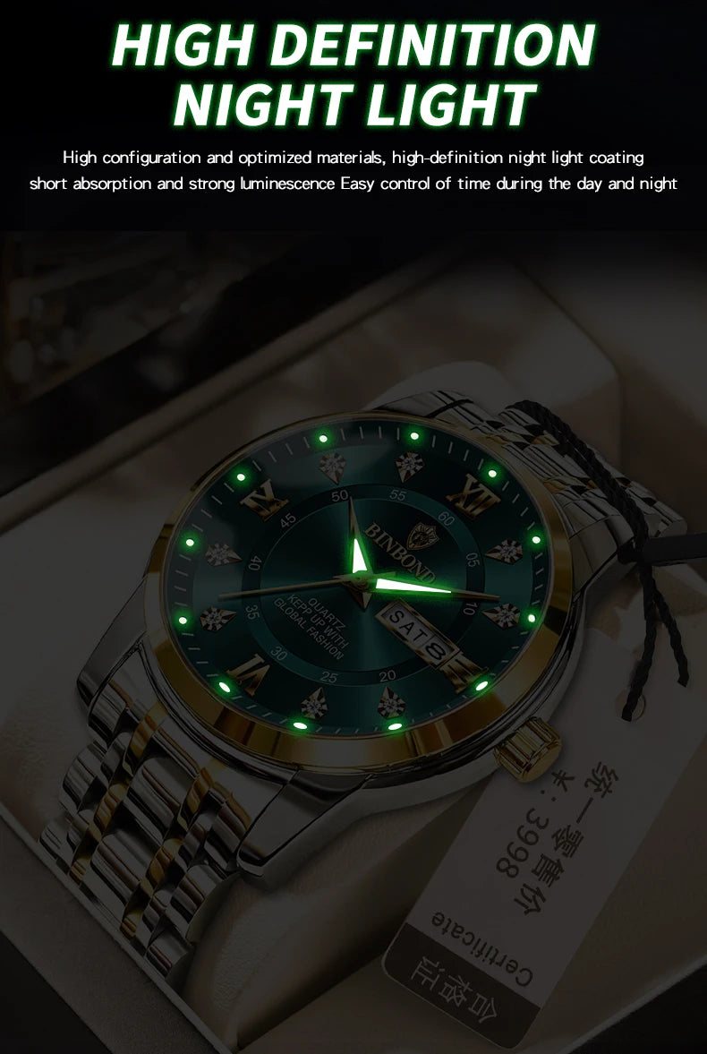BINBOND 7169 Men's Watches Trend Fashion Star Ring Dial Original Quartz Watch for Man Waterproof Stainless Steel Luminous
