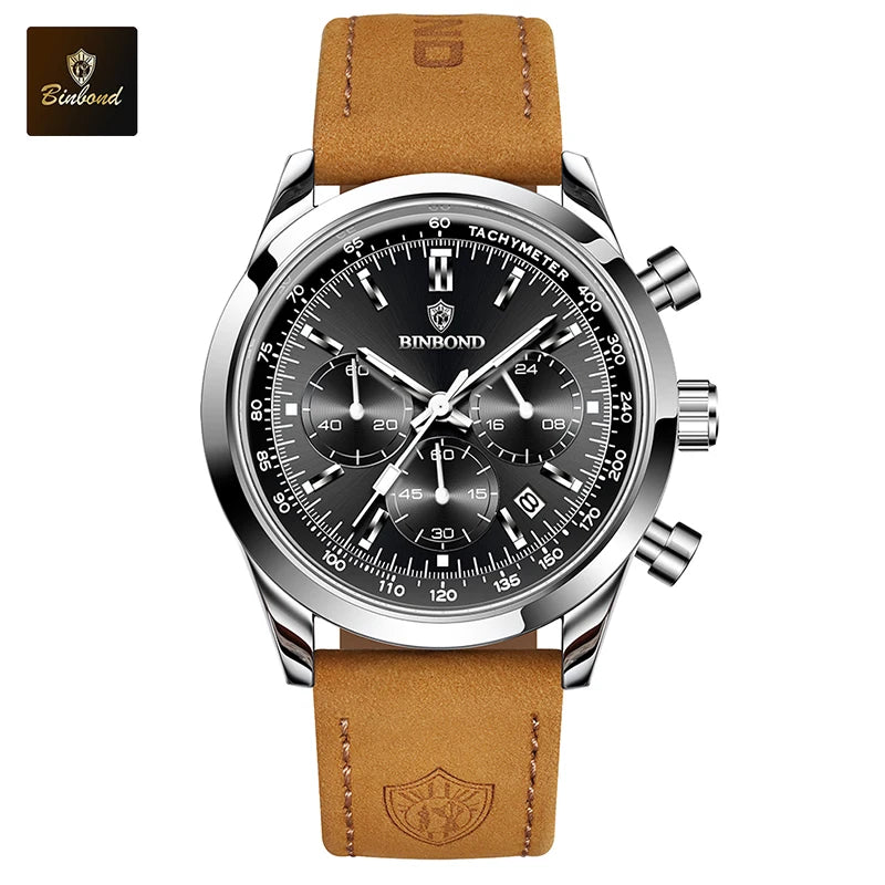 BINBOND Fashion New Quartz Men's Watch Leather Watchband Luminous Waterproof Timer Sports Business Man Watches Relogio Masculino