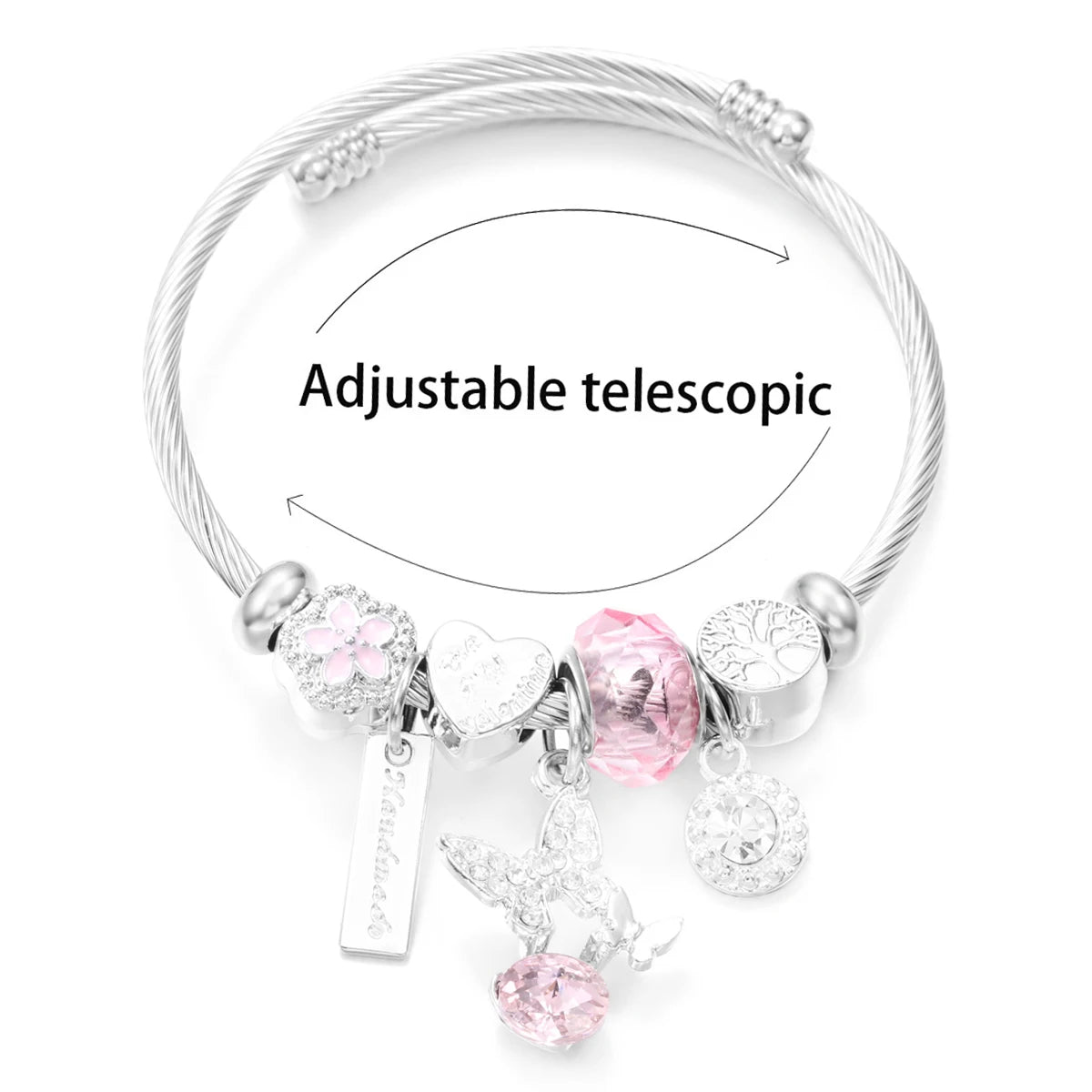 New Butterfly Crystal Tree of Life Beaded Pendant Bracelet Stainless Steel 4 Colors Closure Bangles Women Bracelet Accessories