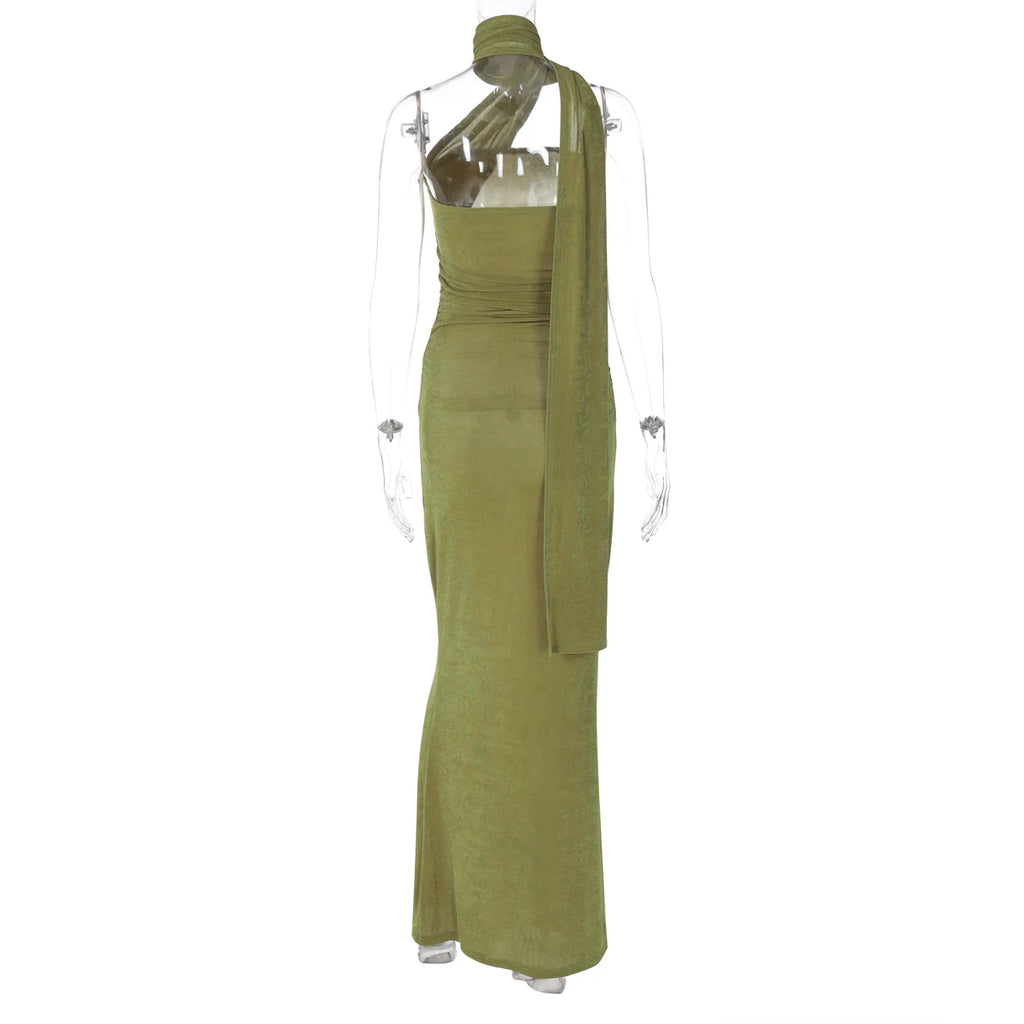 Hugcitar Elegant Solid Halter Sleeveless Backless Ruched Sexy Bodycon Maxi Dress Summer Women Y2K Outfit Evening Party Festival