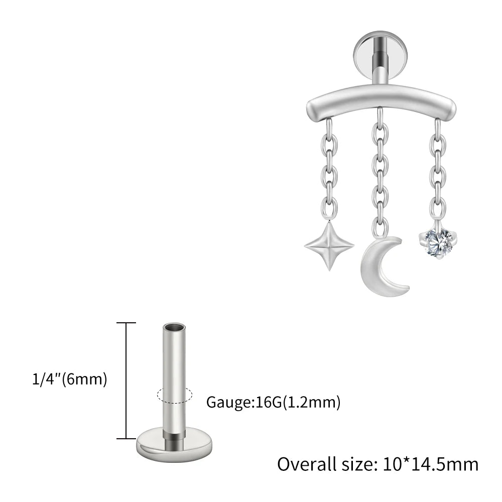 Right Grand ASTM F136 Titanium Hidden Helix Chain Earring 16G Dainty Star Moon CZ Dangle Cartilage Stud Piercing Jewelry