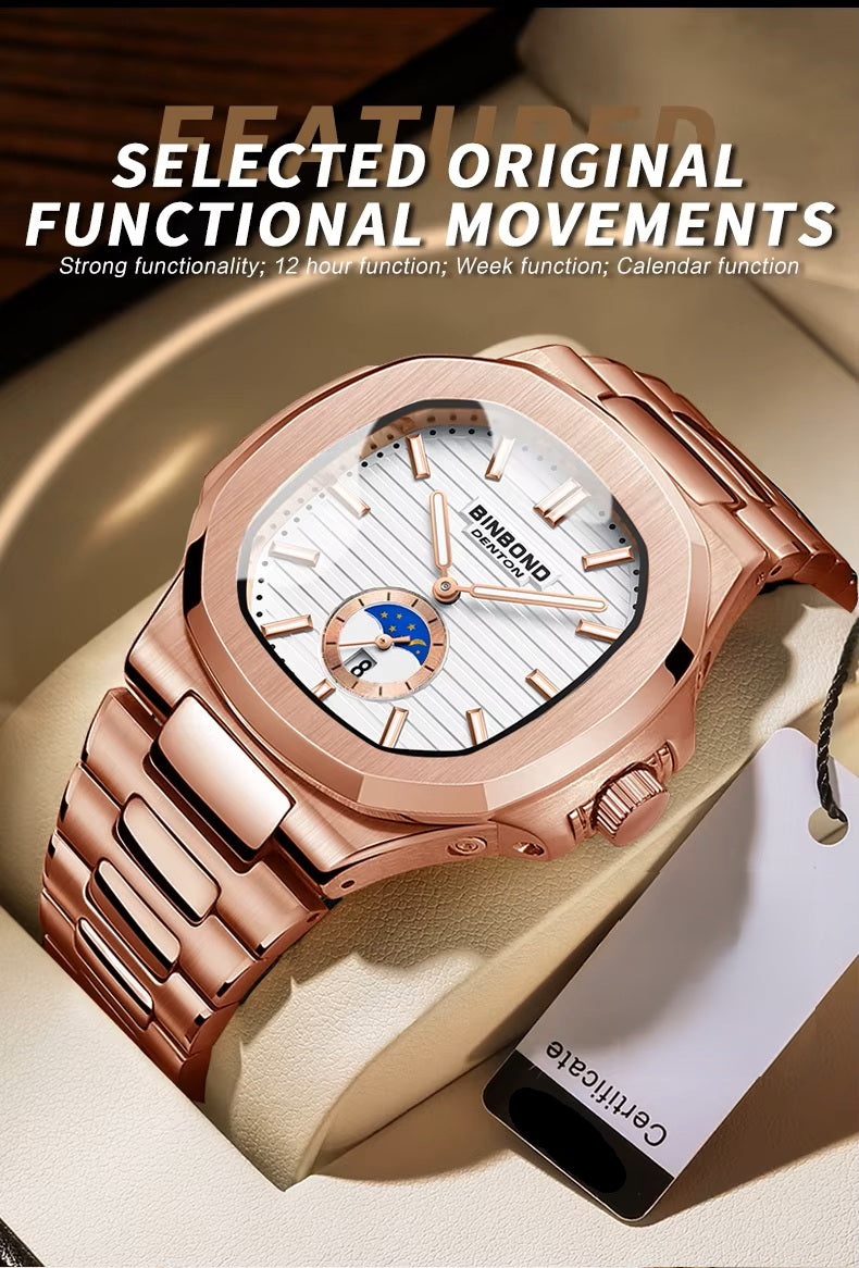 BINBOND Men's Business Quartz Watch – Stainless Steel Waterproof Wristwatch