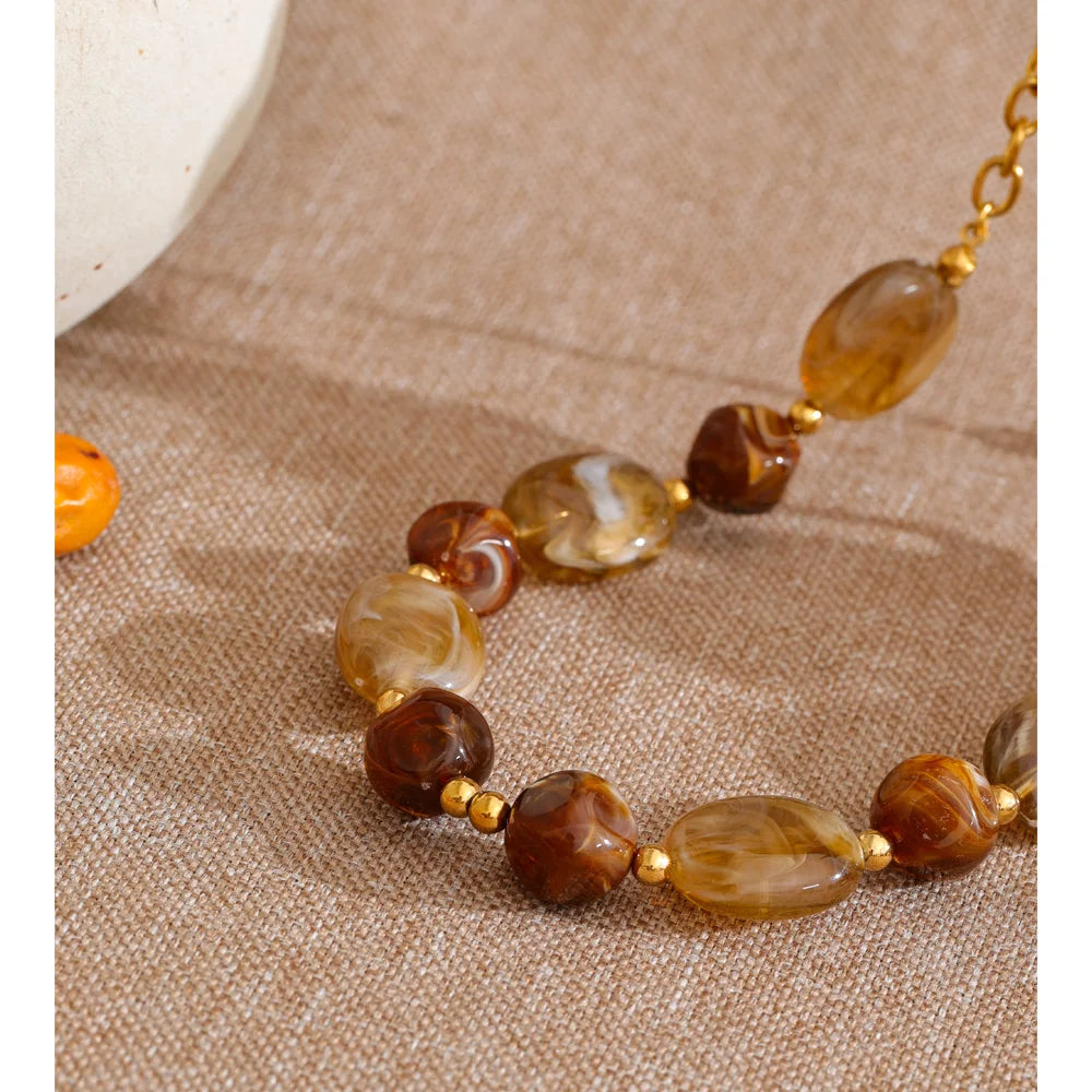 Yhpup Stainless Steel Resin Beads Chain Statement Necklace Waterproof PVD Plated Handmade Attractive Neck Jewelry Accessories