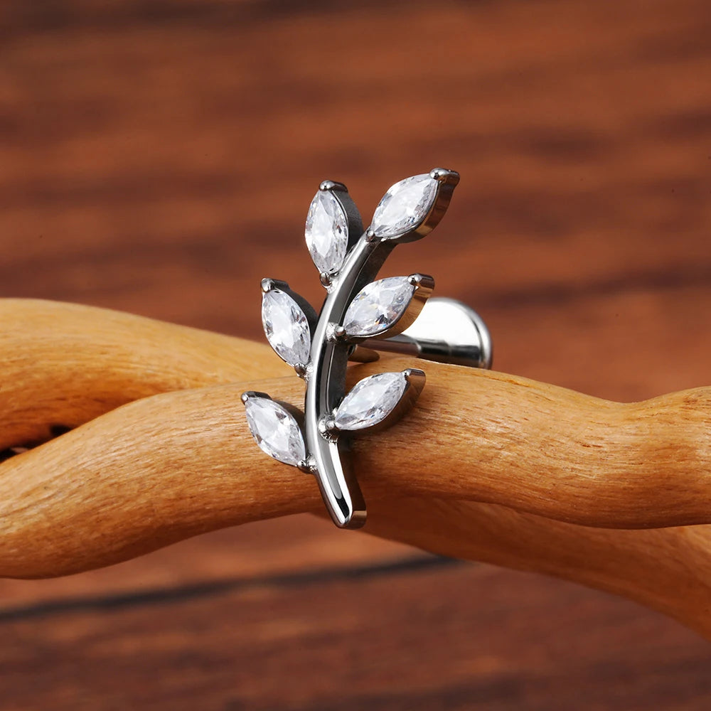 Right Grand ASTM F136 Titanium 16G Marquise CZ Leaves Stud Earring Leaf Shaped Helix Cartilage Conch Flat Back Piercing Jewelry