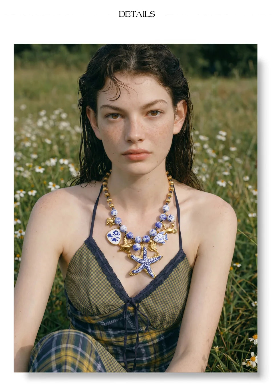 Yhpup Ocean Series Ceramic Beads Chain Fish Starfish Drop Charm Statement Necklace Exclusive Style Handmade Collar Jewelry