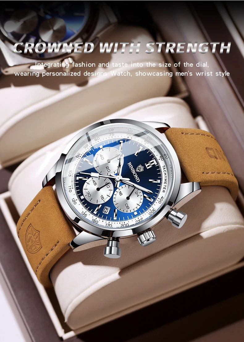 BINBOND Fashion New Quartz Men's Watch Leather Watchband Luminous Waterproof Timer Sports Business Man Watches Relogio Masculino
