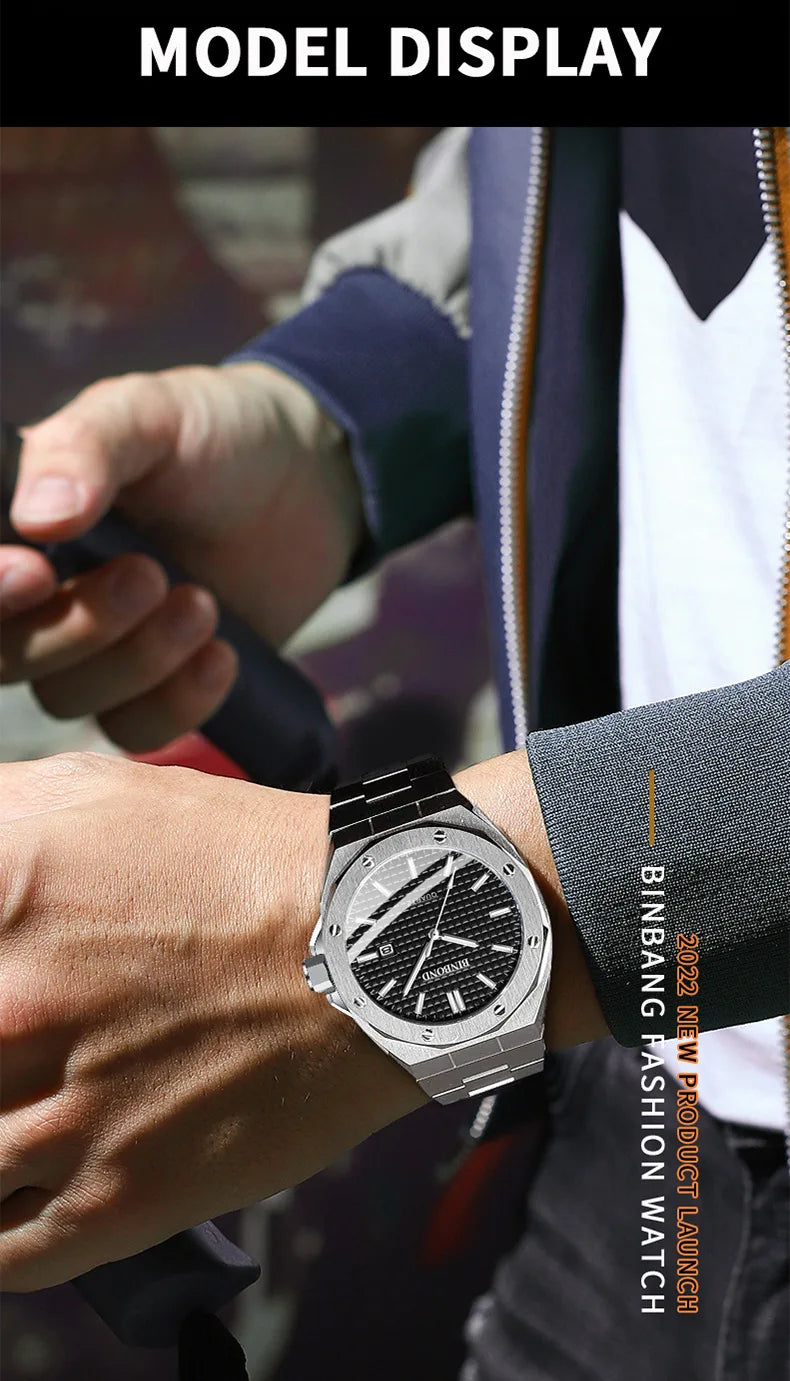 BINBOND B0233 Fashion Casual Men Watches Big Dial blackStainless Steel Calendar Quartz Wristwatch Classic Top Brand Male Clock
