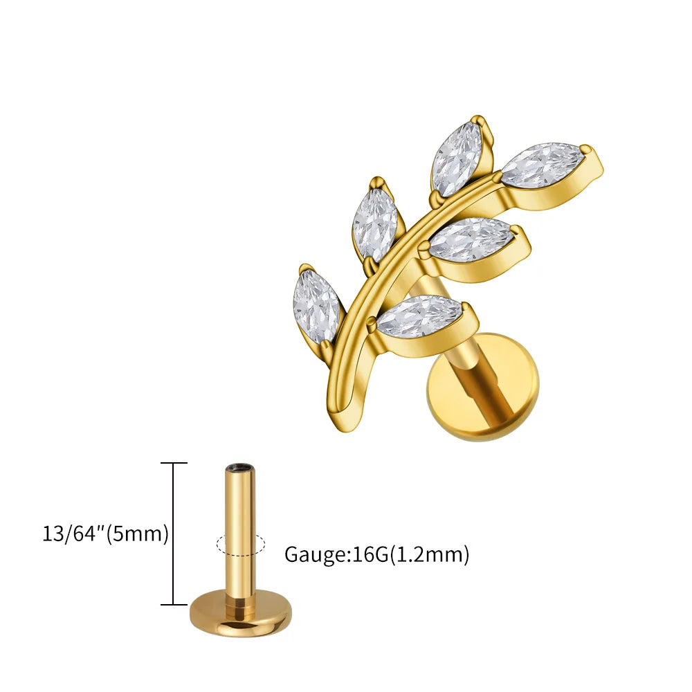 Right Grand ASTM F136 Titanium 16G Marquise CZ Leaves Stud Earring Leaf Shaped Helix Cartilage Conch Flat Back Piercing Jewelry