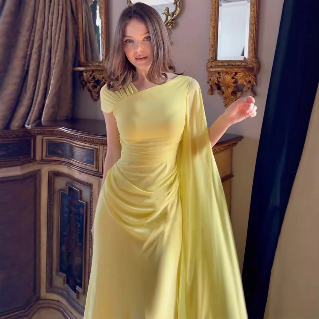 Women Elegant Dress Cape Spliced Slim Fit Floor Length Dresses Solid Short Sleeve Sheath Party Vestidos Basis Lady Summer