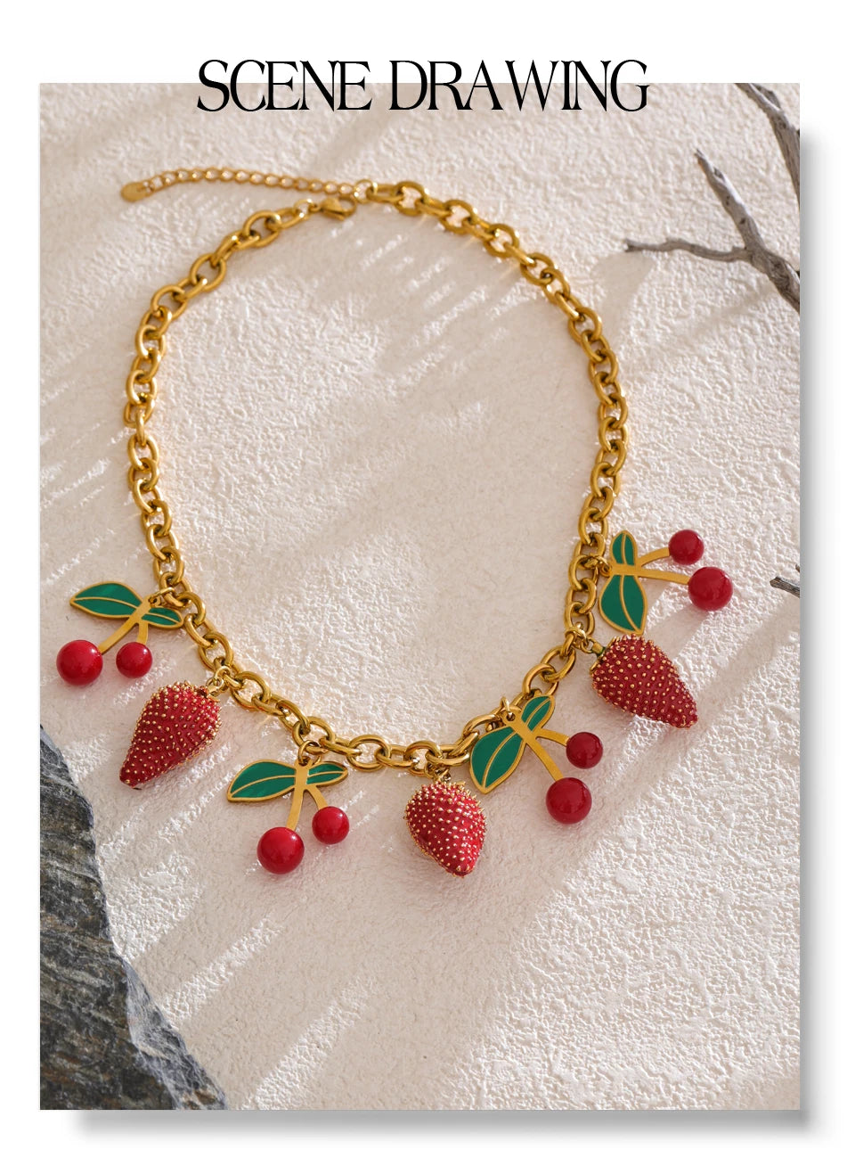 Yhpup 2025 Red Enamel Acrylic Cherry Strawberry Drop Necklace for Women Stainless Steel Fruit Handmade Fashion Collar Jewellery