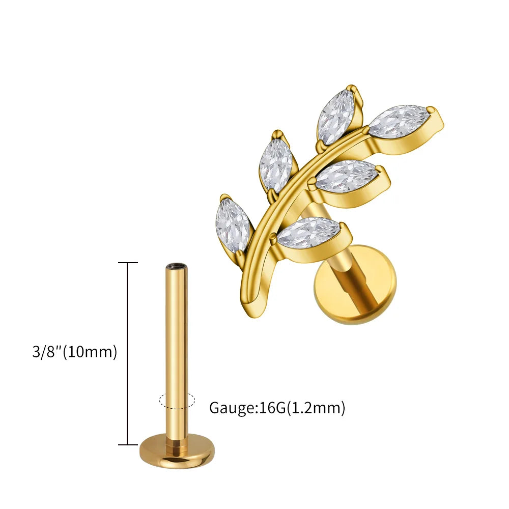 Right Grand ASTM F136 Titanium 16G Marquise CZ Leaves Stud Earring Leaf Shaped Helix Cartilage Conch Flat Back Piercing Jewelry