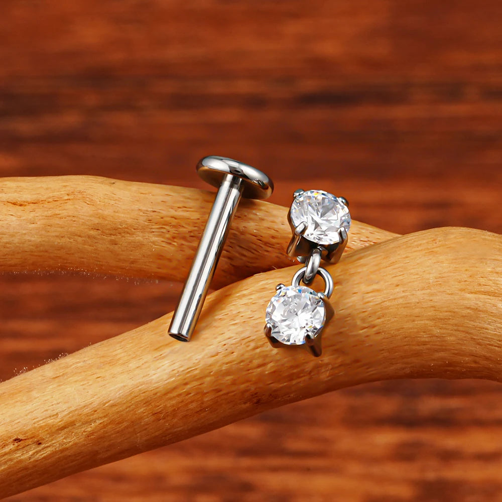 Right Grand ASTM F136 Titanium 16G Double CZ Floating Dangle Tragus Helix Cartilage Stud Internally Threaded Charm Drop Earring