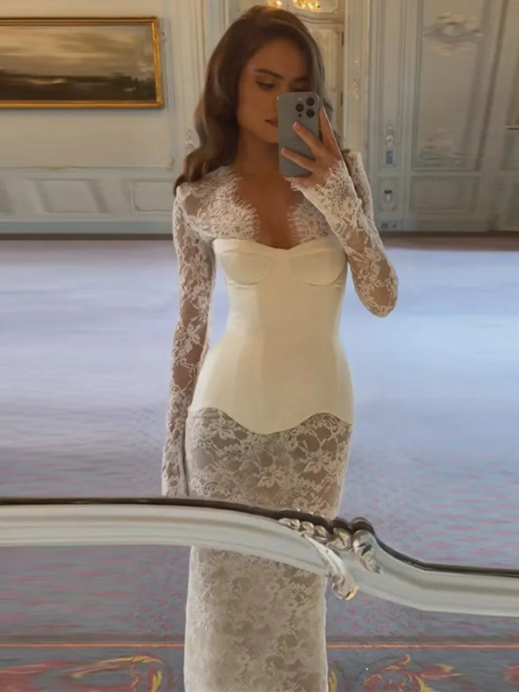 Women's Lace Sleeves Corset Mini Dress Deep V-Neck Sheer Romantic Evening Dress Elegant Party Wear Female Clothing Summer Suit