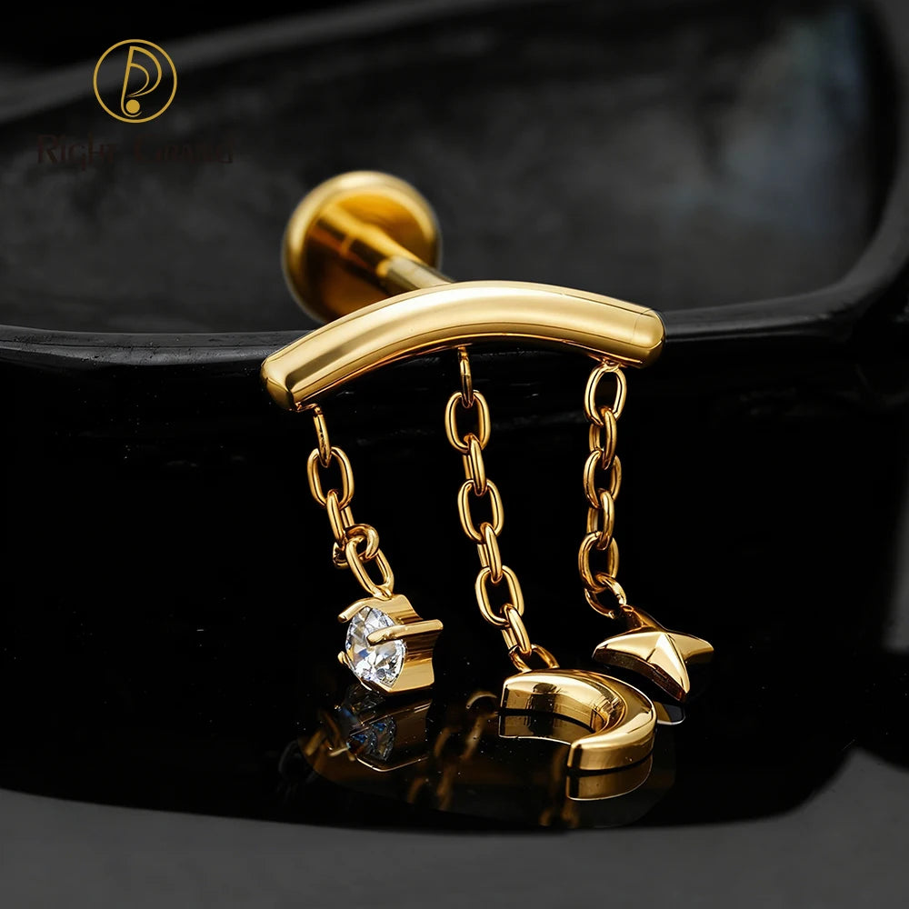 Right Grand ASTM F136 Titanium Hidden Helix Chain Earring 16G Dainty Star Moon CZ Dangle Cartilage Stud Piercing Jewelry