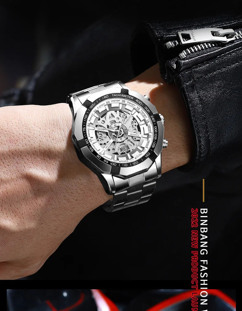 Binbond Mens Watches Top Brand Luxury Stainless Steel Waterproof Hollow Out Blue Big Male Wristwatches Relogio Masculino 2023